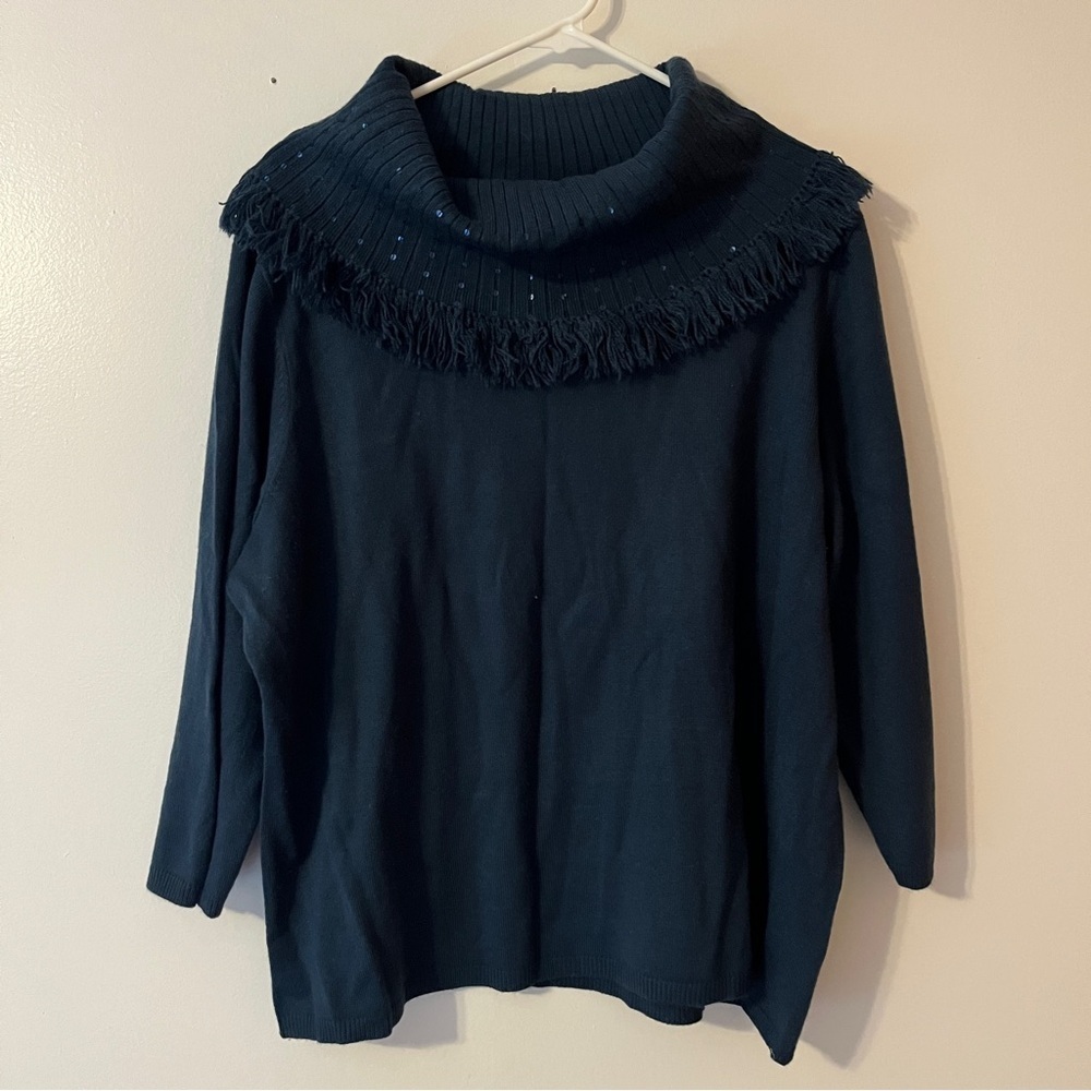 Oscar De La Renta Blue Cowl Neck Fringe Sequin Blue Sweater Top Size Large